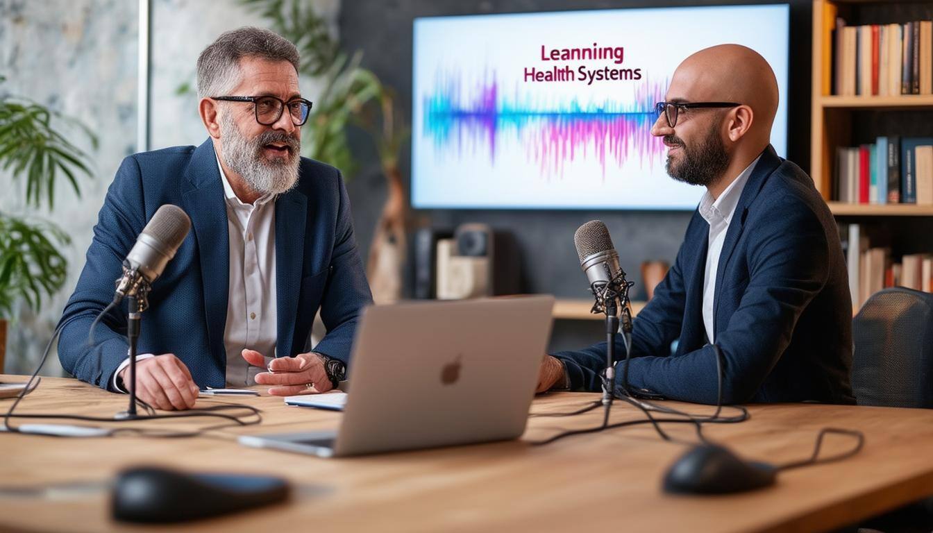 The image depicts a modern podcast studio, featuring two microphones positioned in front of a sleek wooden table