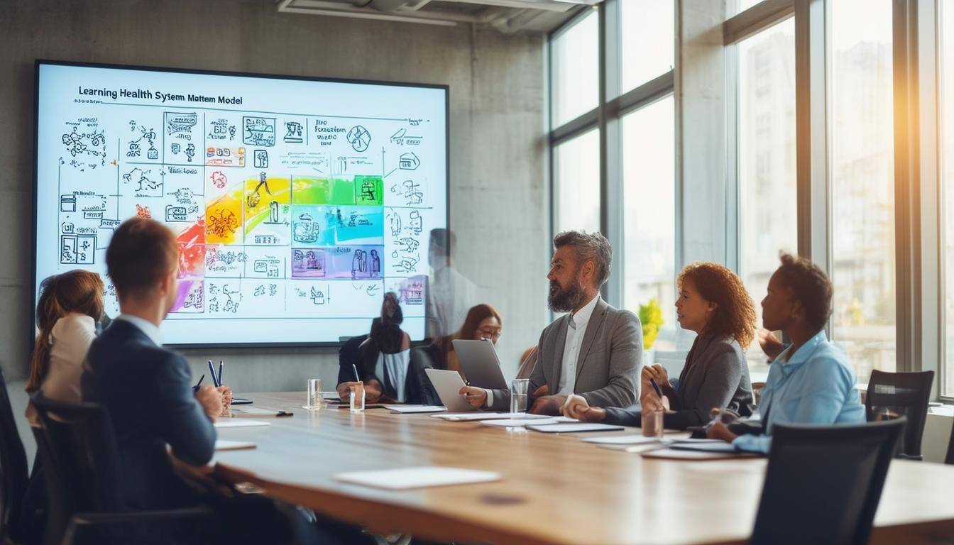 The image features a sleek, modern conference room bathed in warm, natural light streaming through large windows