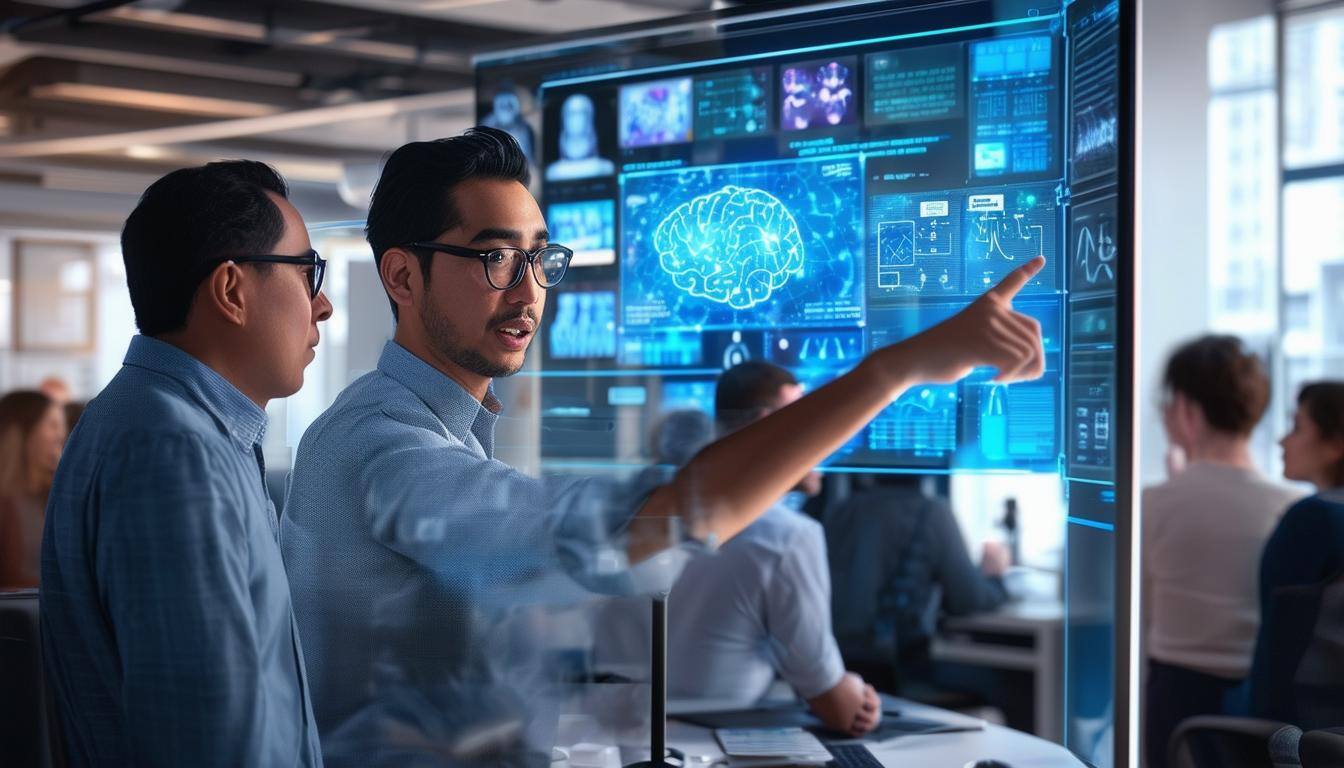 The image depicts a diverse team of healthcare AI experts gathered in a modern office space