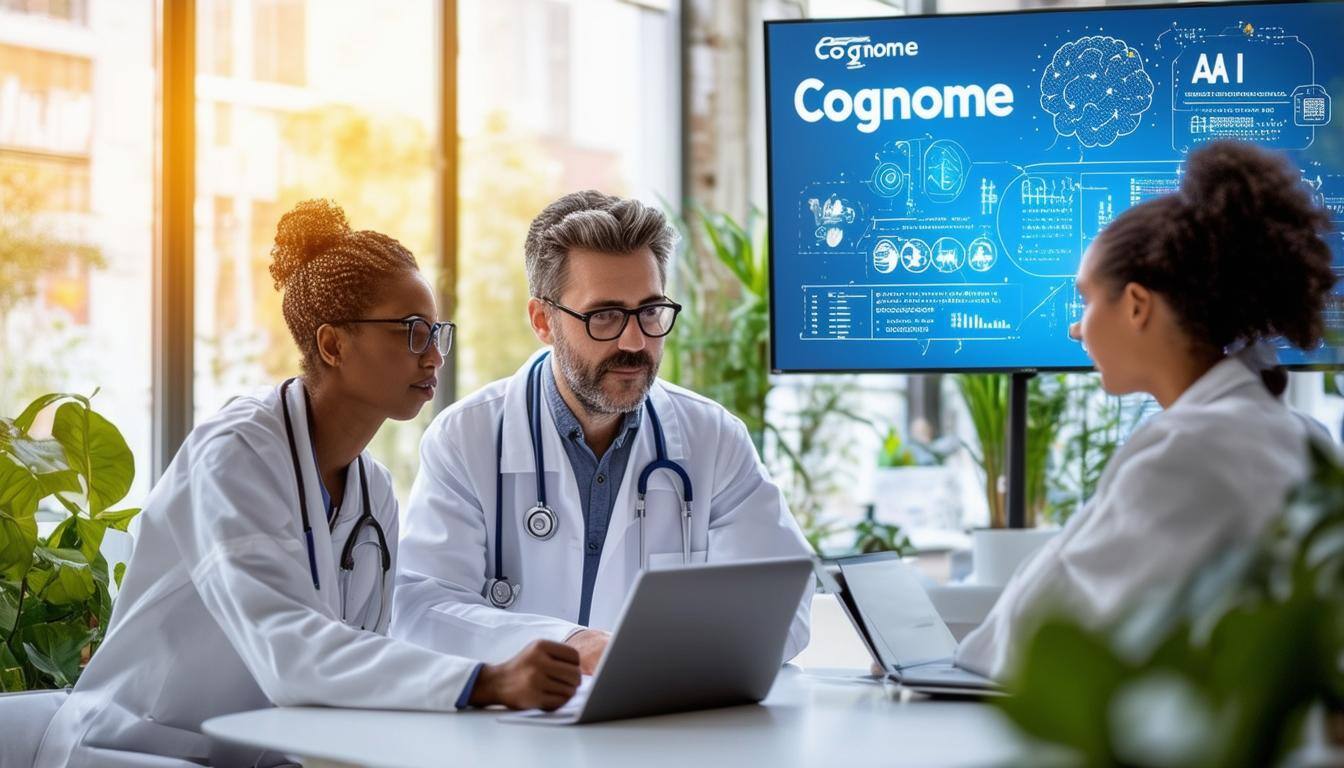 The image features a modern, sleek healthcare office environment with a large digital screen displaying the Cognome logo and vibrant graphics related