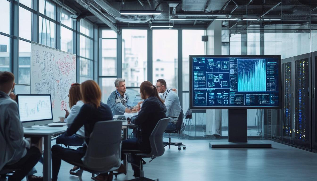 The image features a sleek, modern office space filled with advanced technology and collaborative workstations