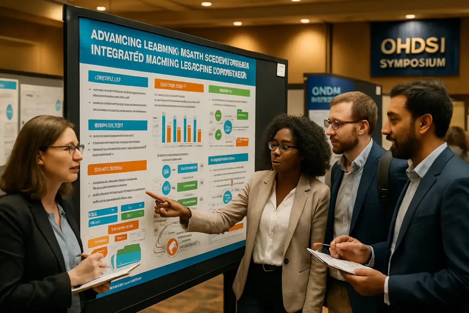 Busy conference setting with professionals engaged in discussions around a large poster presentation